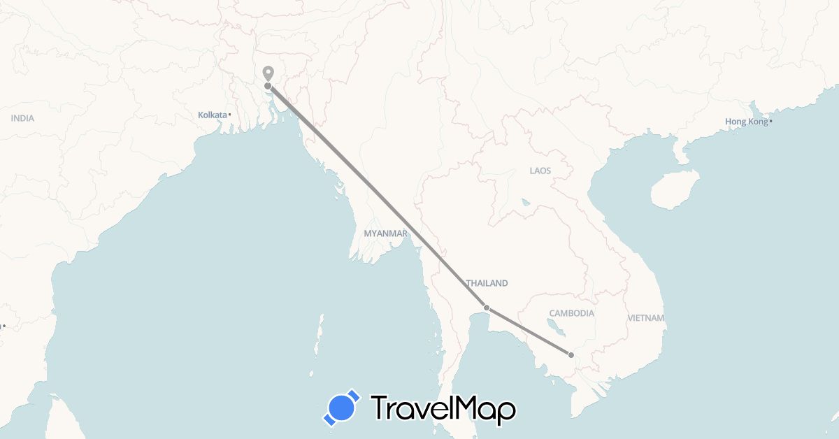 TravelMap itinerary: driving, plane in Bangladesh, Cambodia, Thailand (Asia)